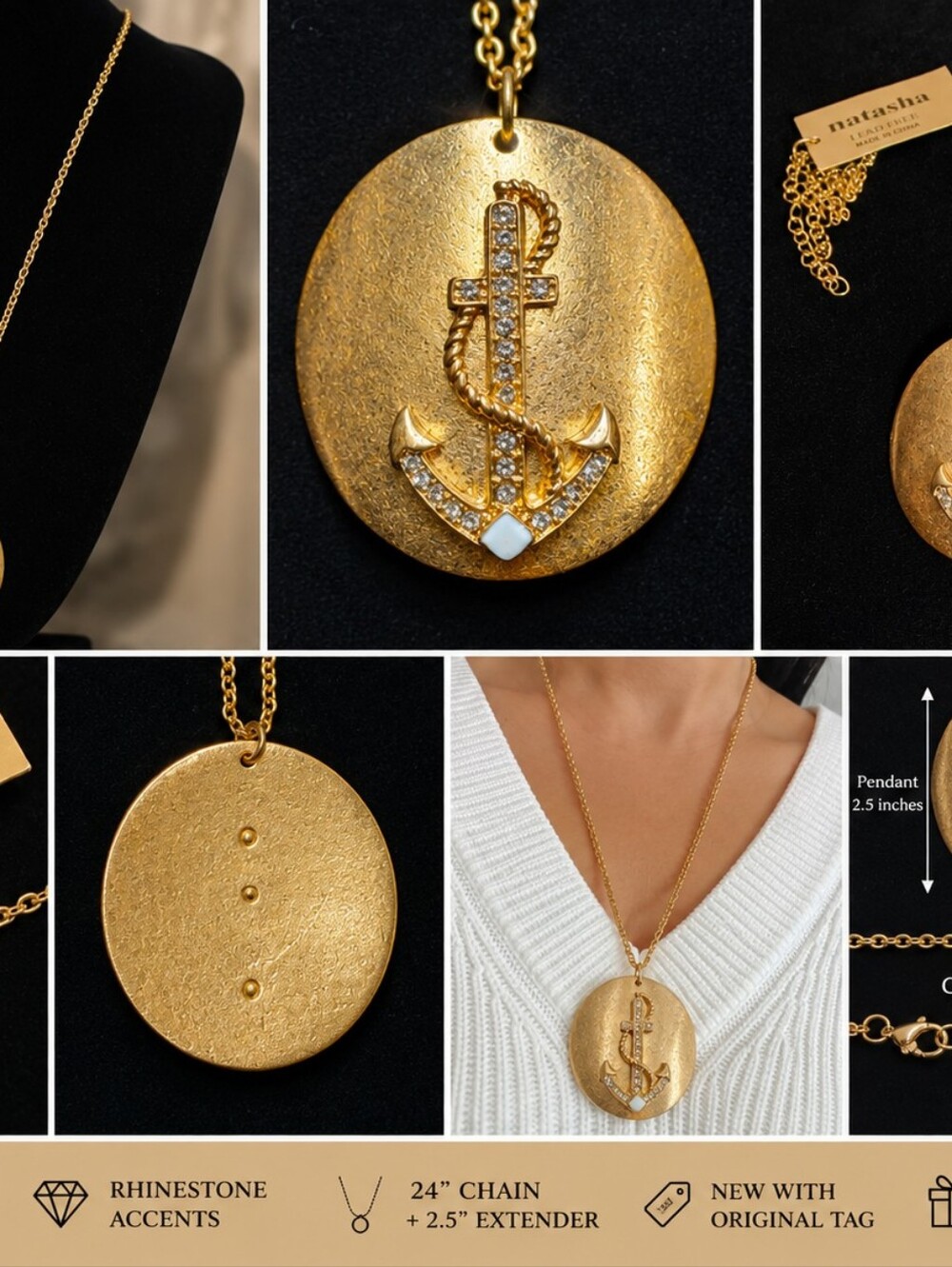 Vintage Natasha Gold Tone Anchor Statement Necklace Rhinestone Nautical Pendant